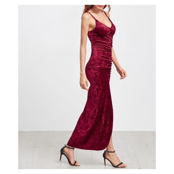 LAST ONE Burgundy Side Slit Velvet Maxi Dress - Picture 3 of 5